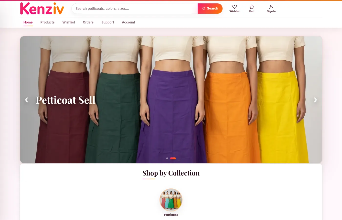 Kenziv fashion storefront homepage with colourful petticoats and shopping navigation