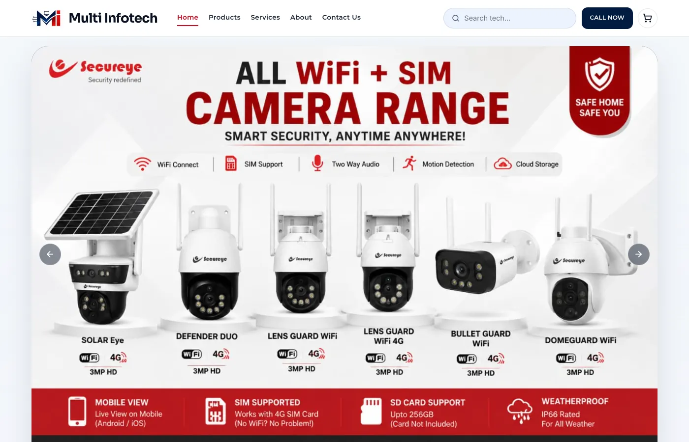 Multi Infotech homepage showing its product navigation and security camera range