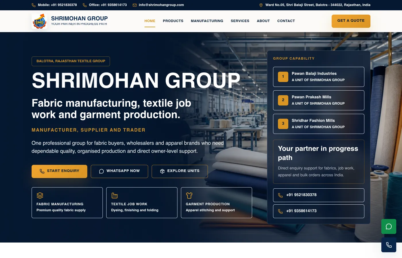 Shrimohan Group homepage presenting textile manufacturing, operating units and enquiry actions