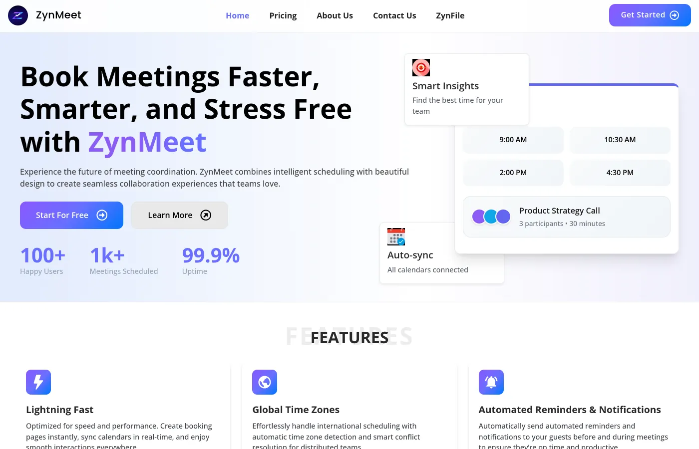 ZynMeet homepage with scheduling controls, available time slots and meeting details