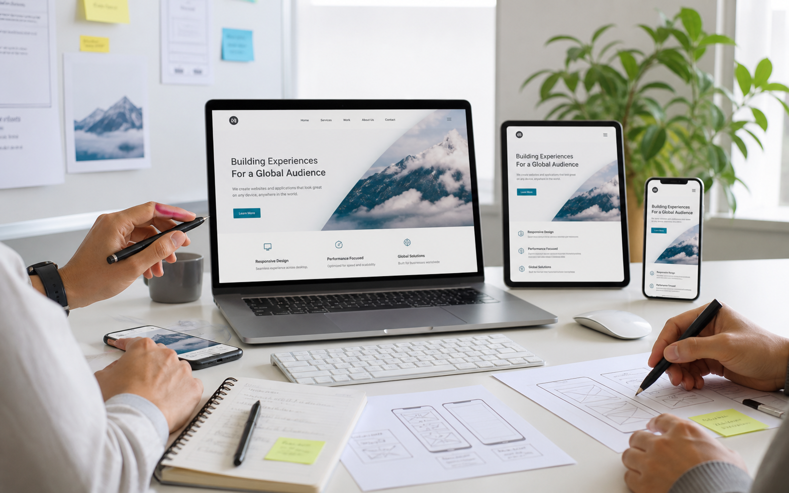 Responsive website design shown on laptop, tablet and phone in a real product workspace