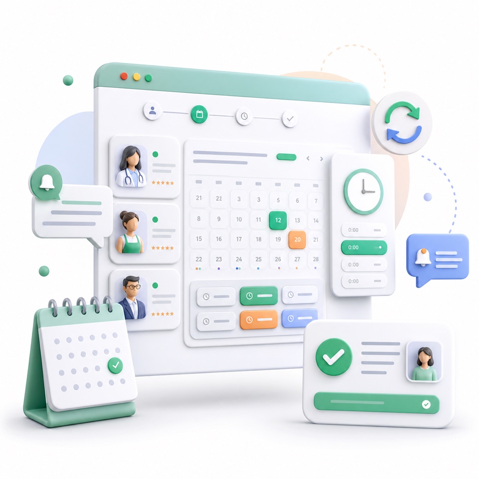 3D booking portal website mockup with calendar and appointment widgets