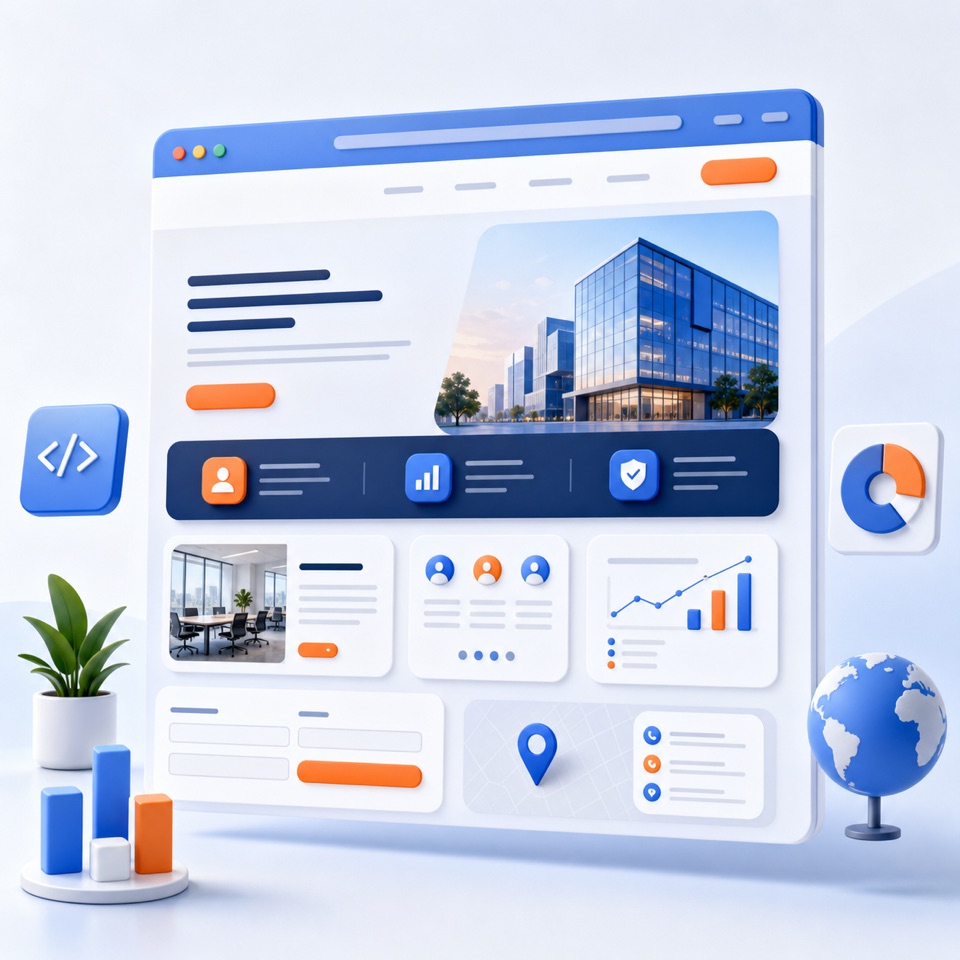 3D corporate website mockup with business sections and analytics