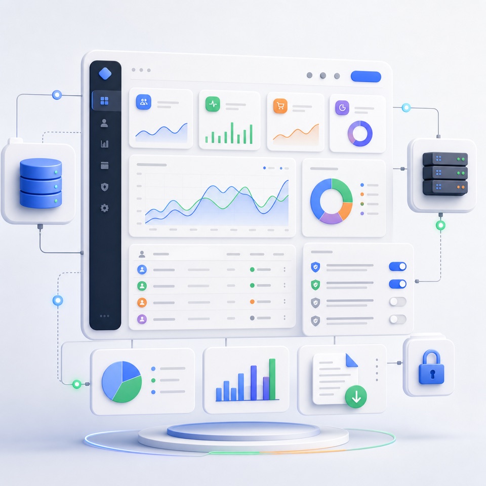 3D admin dashboard website mockup with charts, users and reports