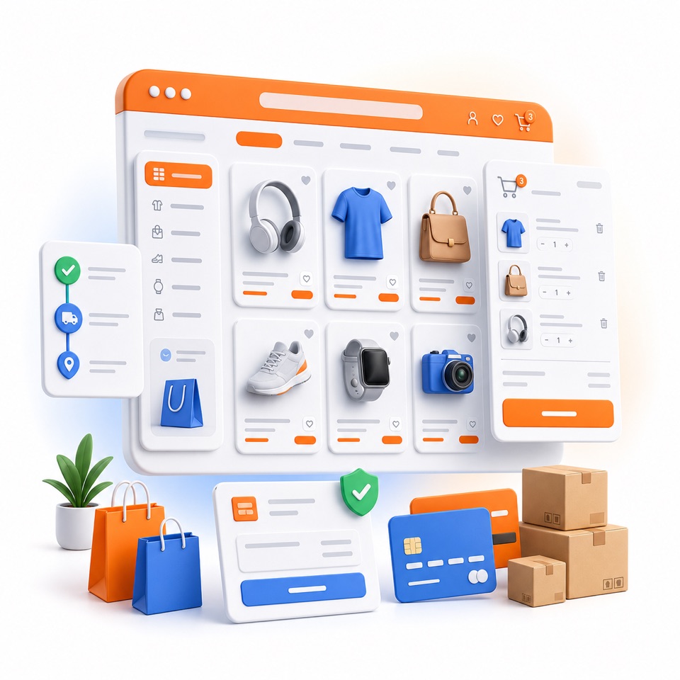 3D e-commerce website mockup with product grid, cart and checkout