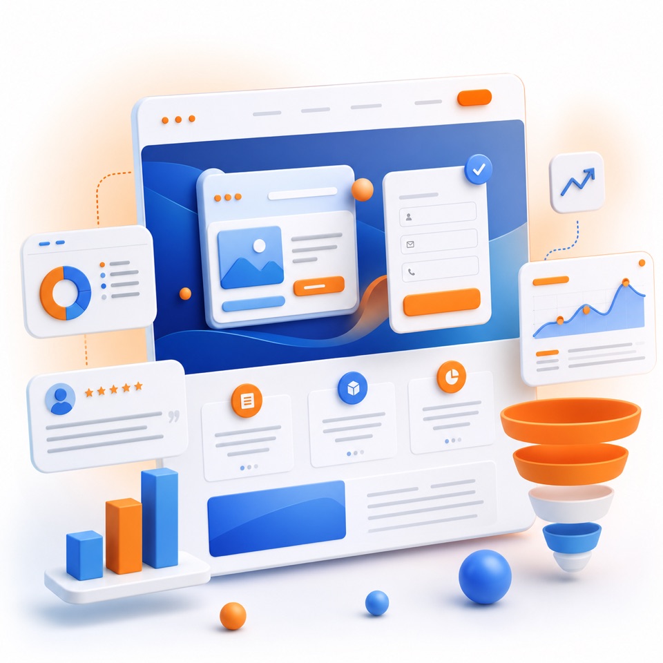 3D landing page website mockup with CTA, form and funnel analytics
