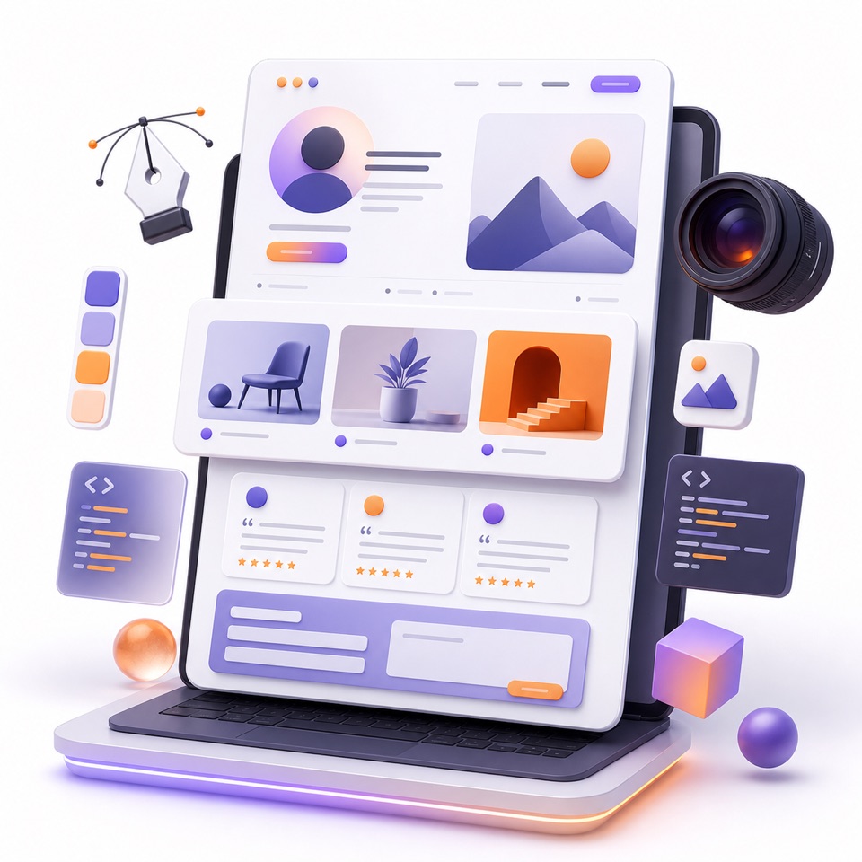 3D portfolio website mockup with gallery, profile and project cards
