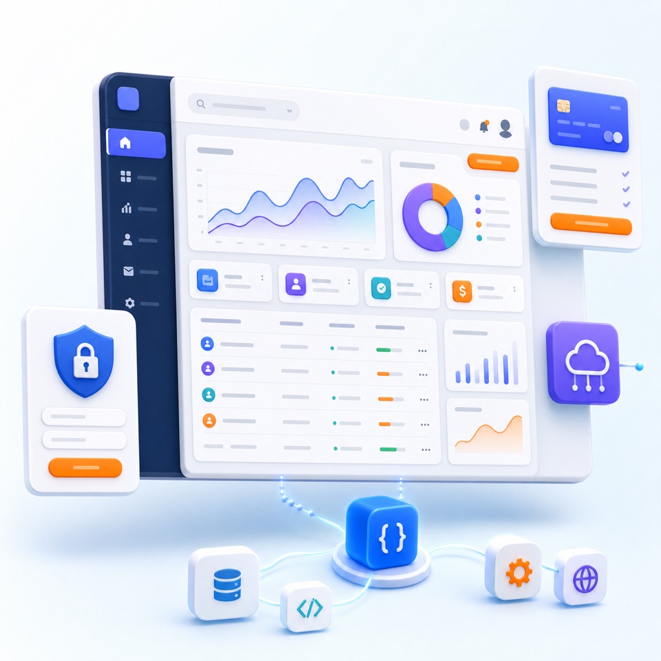 3D SaaS web application mockup with dashboard, auth and integrations